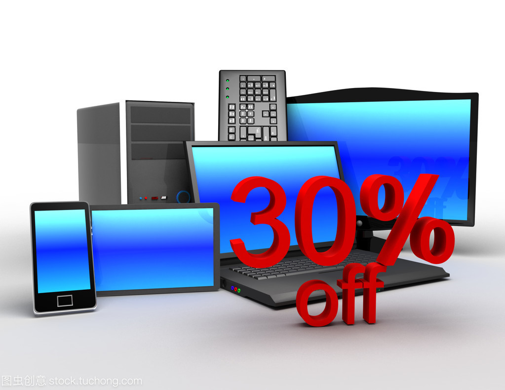 3d 電子產品概念。電子銷售 30%的折扣的概念